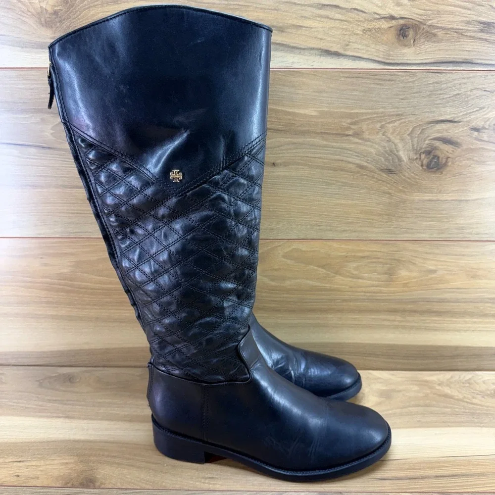 Tory Burch Claremont Tall Quilted Boots 9 M Black Leather Back Zip Riding Knee
